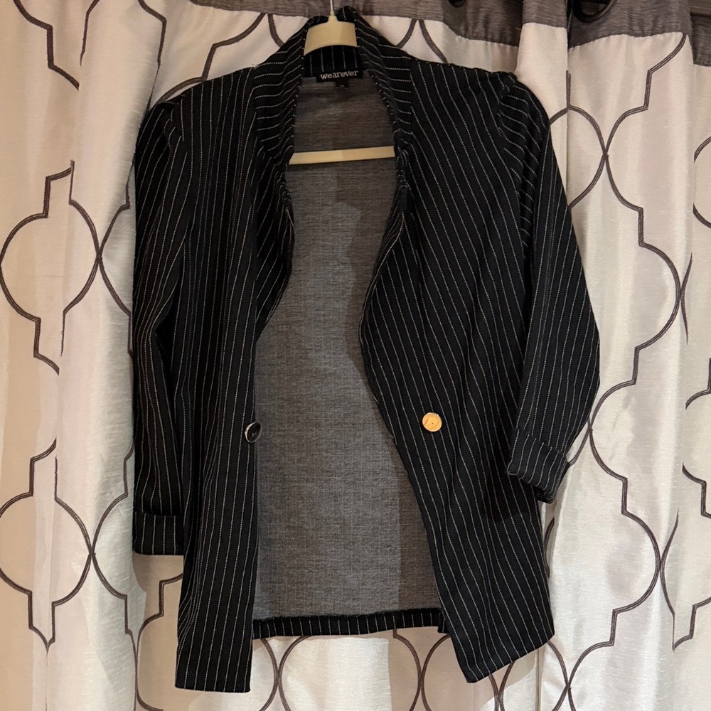 Black Striped Blazer with Gold Button